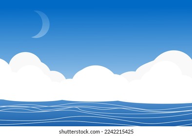 Abstrakte Meereswellen, weiße Wolke und Mond auf blauem Hintergrund, Vektorgrafik.