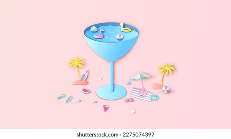 Abstract of sea in a Wine glass with beach equipment. Creative design for sea in a Wine glass. Summer. paper cut and craft style. vector, illustration.