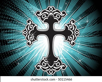 abstract seagreen rays background with isolated black cross