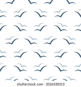 Abstract Seagull seamless pattern. Flying navy blue Gull Birds silhouettes in the sky. Sea life. Marine simple geometric vector background for fashion prints, fabric, textile, package, wrap paper