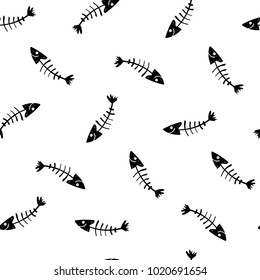 Abstract seahorses pattern fish skeleton. Black and white repeated backdrop for textile, fishing wrapping paper. Monochrome wallpaper