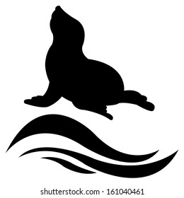 Abstract Seal Silhouette And Two Black Waves On White Background