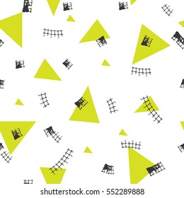 Abstract seamles geometric pattern for girls, fashion clothes, textile. Urban modern design with green triangles. Chaotic repeated backdrop on white background. Funny chaotic wallpaper