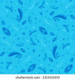 Abstract seamles pattern of leaves and dots. Aqua color palette.