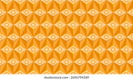 Abstractas patrón de cubo de oro 3D sin fisuras con círculos brillantes y moderno diseño geométrico de fondo, Ilustración vectorial
