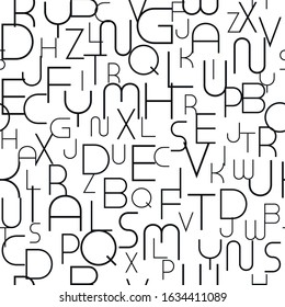 Abstract seamless alphabet pattern with stylish black latin letters. White repeatable unusual background. Can be used like wrapping paper, textile cover, wallpaper or for your other design and ideas