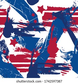  Abstract seamless American flag pattern with lines, stars, silhouette statue of liberty. Grunge textured USA repeats print. 
