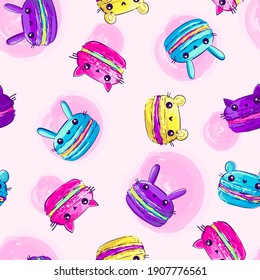 Abstract seamless animal macaroons pattern with watercolor dots on light pink background. Sweets cat, rabbit, mouse repeats print. Funny cartoon pet cakes ornament for fashion textile, wrapping paper.