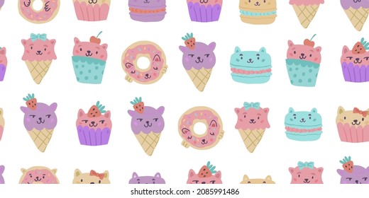 Abstract seamless animal macaroons pattern on light background. Sweets cat, rabbit, mouse repeats print. Funny cartoon pet cakes ornament for fashion textile, wrapping paper.