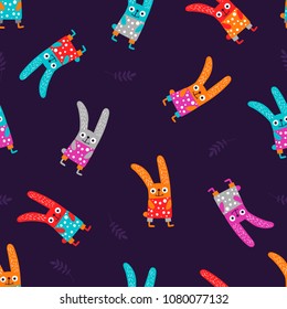 Abstract seamless animal pattern for girl, fashion textile, clothes, wrapping paper.  Colorful rabbit repeated backdrop. Colorful childish wall. 
