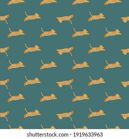 Abstract seamless animal pattern with simple orange tiger silhouettes. Pastel turquoise background. Flat vector print for textile, fabric, giftwrap, wallpapers. Endless illustration.