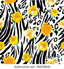 Abstract seamless animal skin pattern with yellow flowers. Vector illustration.