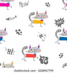 Abstract seamless animals pattern. cartoon pussy cat character wearing sweater. Colorful childish repeated backdrop. Speech comics cloud, hashtag, fish- eaten skeleton, paw track, text meow, hi, smart