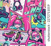 Abstract seamless anime girl pattern with teenager manga illustration, skateboard, headphone, skate rolls, comics style background and text. Cartoon print repeat girlish Gaming ornament
