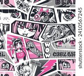 Abstract seamless anime girl pattern with comics style background, skateboard illustration, skate rollers,text Cool girl, headphones with cat ears. Anime Eyes repeat ornament. Manga girls.Asian beauty