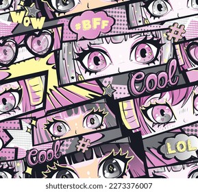 Abstract seamless anime girl pattern. Girlish Eyes repeat ornament. Manga girls illustration on comics background with speech cloud, hashtag, text Cool, lol, write. Asian beauty face endless print