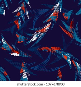 Abstract seamless arrow pattern. chaotic grunge repeated backdrop for boy, sport textile, clothes, wrapping paper. dots elements inside geometric shape. Blue, white and red colors. 