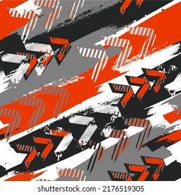 Abstract seamless arrow pattern. Grunge textured repeat print for sport textile, fashion clothes, wrapping paper. Black and white, orange, grey colorful grungy geometric background.