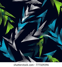 Abstract seamless arrow pattern on black background. Grunge urban repeated backdrop in bright neon colors.  Chaotic elements. 