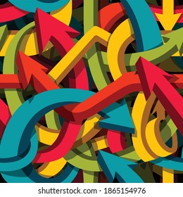 Abstract seamless arrows background, motley 3d arrows, confusion or puzzle concept, vector pattern