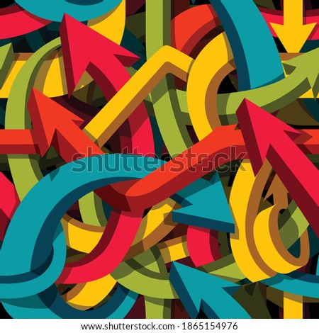Abstract seamless arrows background, motley 3d arrows, confusion or puzzle concept, vector pattern