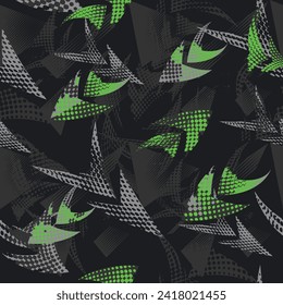 Abstract seamless arrows ornament. Arrow pattern in dark grey and neon green colors. Grunge background textured ornament for sport textile, boy clothes, backpacks, wrapping paper