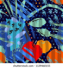 Abstract seamless art pattern. Still life, table, vase, apples, expression, wind, painting.