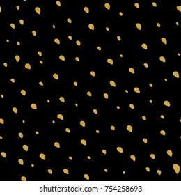 Abstract seamless art specks spots pattern. Gold hand drawn stains or dots, plash, spray. Drop of paint black background. Vector illustration 