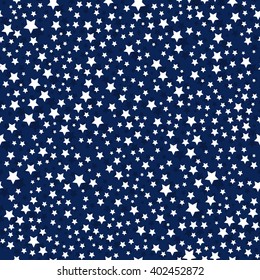Abstract seamless astronomy wallpaper with shiny stars on the night sky. Dark blue background with white stars. Vector illustration. 