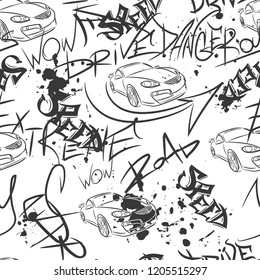 Abstract seamless auto pattern. Car Repeated backdrop with text  drawing in graffiti style.