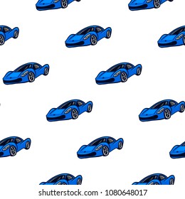 Abstract seamless automobile pattern. blue sport car drawing in cartoon style. Race auto repeated backdrop for boy, textile, clothes, wrapping paper.