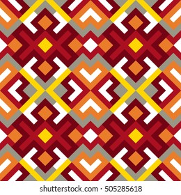 Abstract seamless autumn pattern for design. Vector geometric background of triangles in yellow, orange and red colors. Texture mosaic for textile, clown, carpeting, warp, book cover, clothes