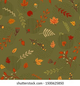 Abstract seamless autumn pattern. Leaves, branches, grass, berries. Vector background for various surface. Trendy hand drawn textures.