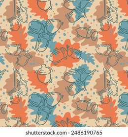 Abstract seamless autumn pattern with oak leaves and nuts. Vector silhouettes of oak leaves and acorns drawn with lines. For fabric, decoration, banners, discounts and congratulations.