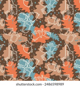 Abstract seamless autumn pattern with oak leaves and nuts. Vector silhouettes of oak leaves and acorns drawn with lines. For fabric, decoration, banners, discounts and congratulations.