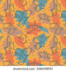 Abstractas patrón de otoño sin costuras con hojas de roble y nueces. Siluetas de Vector de hojas de roble y bellotas dibujadas con líneas. Para tela, decoración, Anuncios, descuentos y felicitaciones.