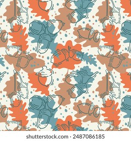 Abstract seamless autumn pattern with oak leaves and nuts. Vector silhouettes of oak leaves and acorns drawn with lines. For fabric, decoration, banners, discounts and congratulations.