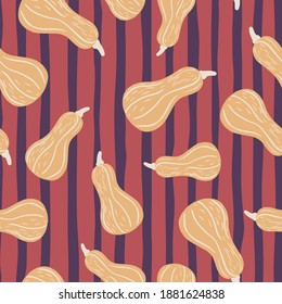Abstract seamless autumn pattern with pumpkin silhouettes. Striped background. Perfect for fabric design, textile print, wrapping, cover. Vector illustration