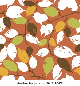 Abstract seamless autumnTextured Leaves Pattern. brown, yellow, green, white, leaves and branches on a rustic background.