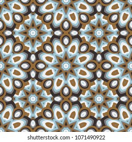 Abstract seamless backdrop. Design for prints, textile, decor, fabric. Round colorful texture in blue, brown and white colors. Mandala background