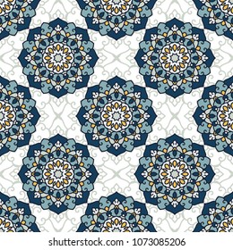 Abstract seamless backdrop. Design for prints, textile, decor, fabric. Round colorful texture in blue, yellow, gray and white colors. Mandala background