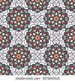 Abstract seamless backdrop. Design for prints, textile, decor, fabric. Round colorful texture in green, red and beige colors. Mandala background