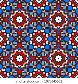 Abstract seamless backdrop. Design for prints, textile, decor, fabric. Round colorful texture in beige, red, blue and white colors. Mandala background
