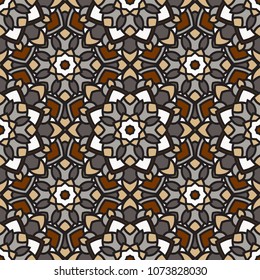 Abstract seamless backdrop. Design for prints, textile, decor, fabric. Round colorful texture in gray, brown, black and white colors. Mandala background