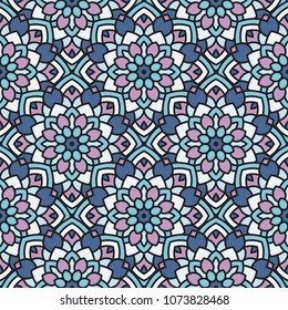 Abstract seamless backdrop. Design for prints, textile, decor, fabric. Round colorful texture in blue, pink and white colors. Mandala background