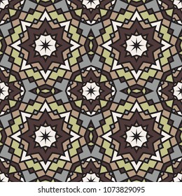 Abstract seamless backdrop. Design for prints, textile, decor, fabric. Round colorful texture in green, brown and gray colors. Mandala background