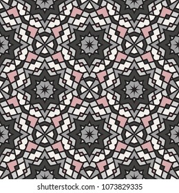 Abstract seamless backdrop. Design for prints, textile, decor, fabric. Round colorful texture in rose, gray and white colors. Mandala background