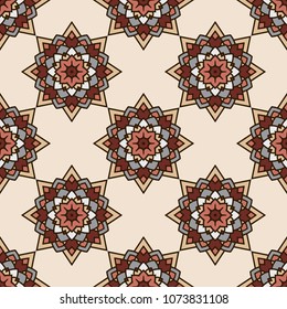 Abstract seamless backdrop. Design for prints, textile, decor, fabric. Round colorful texture in red, gray and beige  colors. Mandala background