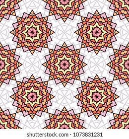 Abstract seamless backdrop. Design for prints, textile, decor, fabric. Round colorful texture in yellow, lilac and white colors. Mandala background
