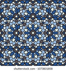 Abstract seamless backdrop. Design for prints, textile, decor, fabric. Round colorful texture in blue and gray colors. Mandala background